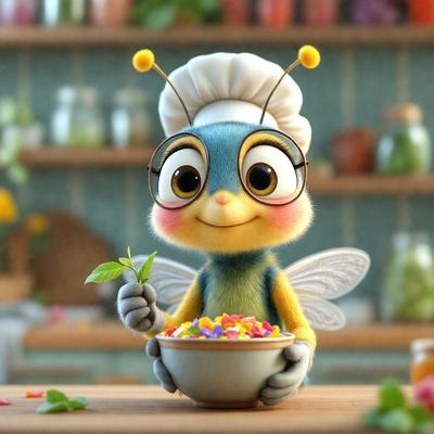 The primary subject of the image is a cartoon character, specifically a blue and yellow bee, holding a bowl of cereal. The bee is wearing a chef's hat, adding a playful and whimsical touch to the scene. The setting is a kitchen, with various bottles and a spoon visible in the background. The visual style is a combination of digital art and illustration, creating a vibrant and engaging scene. The colors and mood are lively and cheerful, with the